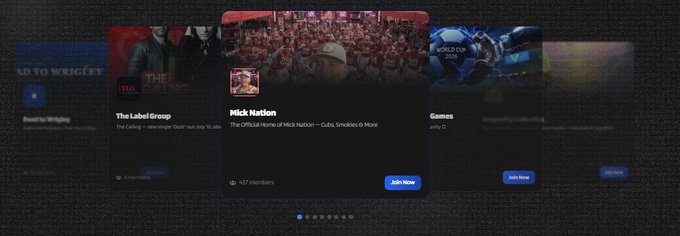 A carousel interface displaying social media or community group cards, including 'The Label Group', 'Mick Nation' (The Official Home of Mick Nation — Cubs, Streakers & More with 537 members and a Join Now button), 'Games', 'WML', and 'AD TO WRIGHT'.