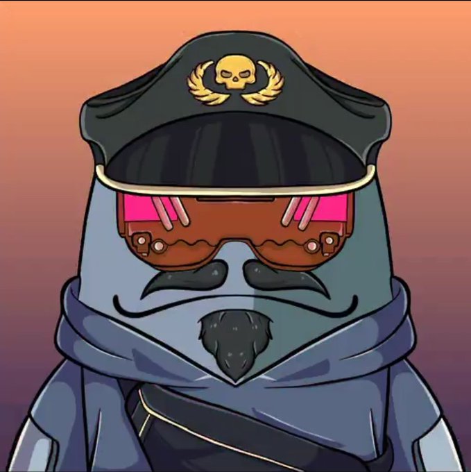 A cartoon character wearing a black officer's cap with a gold skull and wings emblem, futuristic pink-tinted visor glasses, and a dark mustache and goatee.