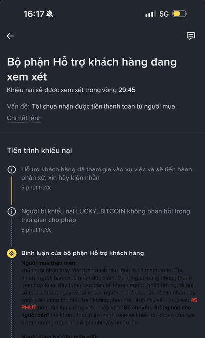 A screenshot of a Binance customer support dispute resolution page showing a complaint regarding P2P payment timing, with a 29:45 countdown timer for review and a message indicating the buyer's bank statements don't show the transaction. The complaint relates to the post's frustration about slow P2P trades and having to file disputes to receive payments.