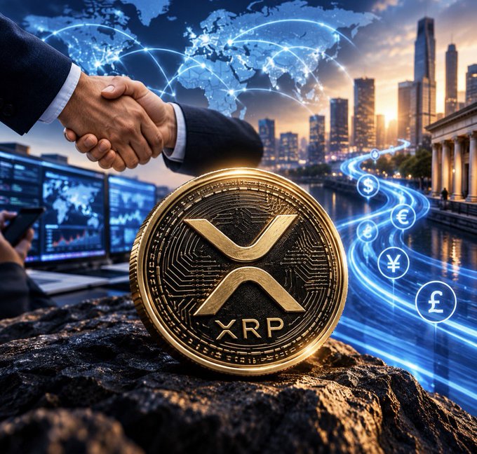 A digital collage featuring a large gold XRP (Ripple) cryptocurrency coin in the foreground, a business handshake in the background, and a world map with currency symbols.