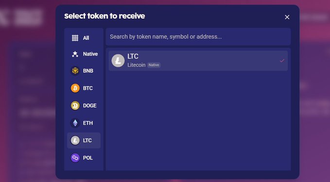 The image shows a computer screen displaying a list of different cryptocurrencies, including Bitcoin, Ethereum, and Litecoin. The screen also has an option for selecting which cryptocurrency to receive using the "Select token name" button. The text on the screen suggests that LTC is being used as the recipient of the selected token.