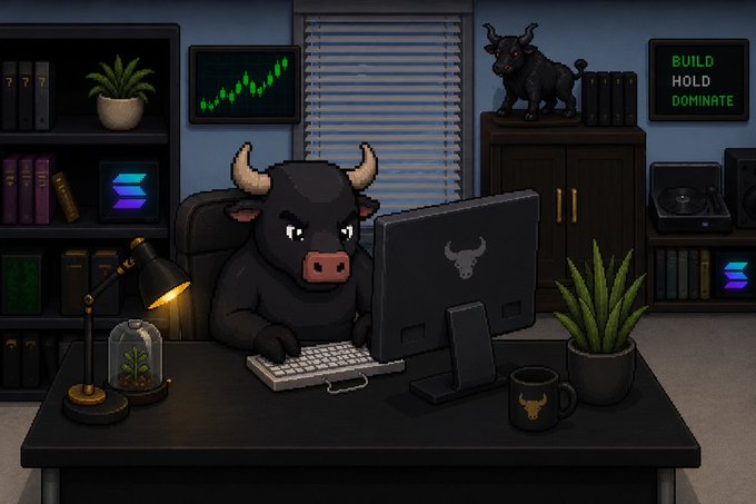 A pixel art illustration of an angry black bull (a 'bear' market representation) working intensely at a computer desk, with a 'BUILD HOLD DOMINATE' sign on the wall.