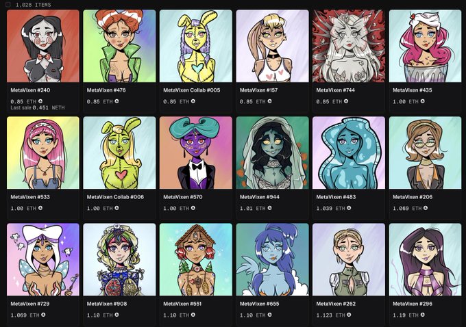 NFT marketplace listing showing 1,025 MetaVixen collectible items with various prices in ETH, featuring anime-style female character illustrations.