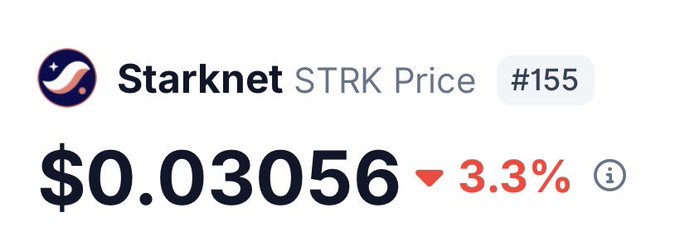 A price widget showing Starknet (STRK) at $0.03056, ranked #155, with a -3.3% decline indicated by a red downward arrow.
