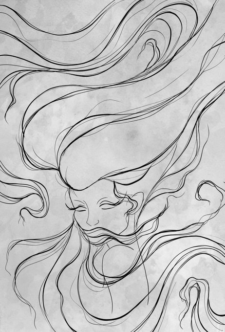 A black and white line art illustration depicting a face in profile surrounded by flowing, swirling hair-like lines.