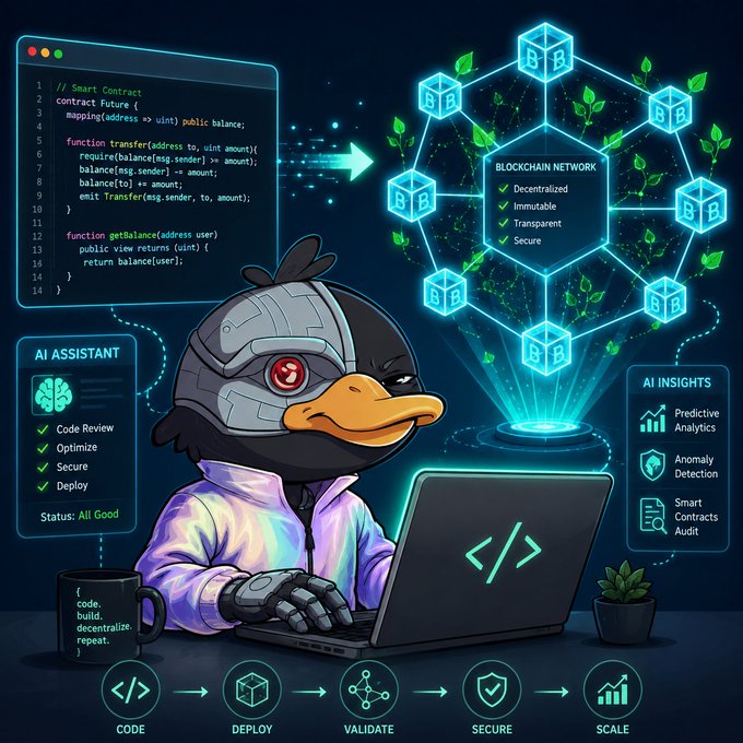 A cartoon penguin wearing a robotic helmet and jacket types on a laptop showing code symbols, surrounded by panels showing a smart contract, a blockchain network with 'Decentralized, Immutable, Transparent, Secure' features, an AI assistant, and AI insights for code review and security.
