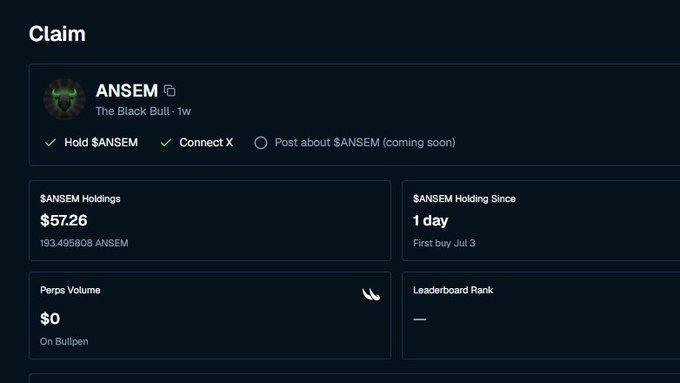 Dark-themed claim page for token '$ANSEM' (The Black Bull), showing $ANSEM Holdings of $57.26, 193.49808 ANSEM held for 1 day, with options to Hold $ANSEM and Connect X checked.
