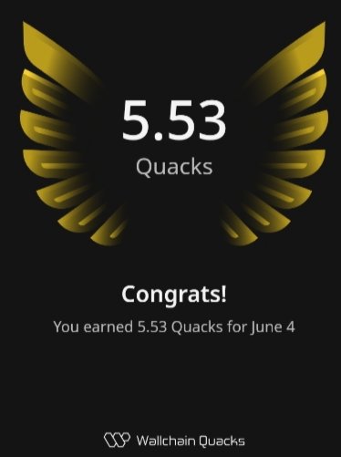 The image features a poster or card that displays an award for Quacks, which is a type of bird. The text on the card congratulates the user for earning 553 Quacks over the weekend. The background of the image is black with gold accents, and there are two birds depicted in the center of the image - one yellow and one brown.