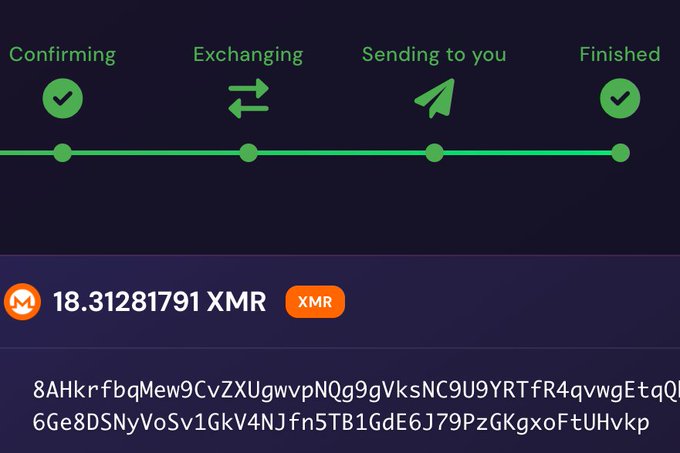A cryptocurrency transaction screen showing a completed Monero (XMR) exchange with 18.31281791 XMR being sent, with status steps: Confirming, Exchanging, Sending to you, and Finished.