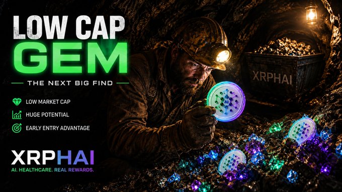 A promotional crypto advertisement featuring a miner discovering glowing gems in a cave, with text 'LOW CAP GEM — THE NEXT BIG FIND' and the logo 'XRPHAI AI. HEALTHCARE. REAL REWARDS.'
