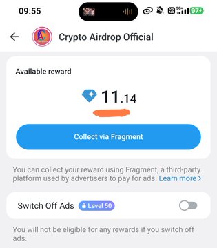 A screenshot of the Telegram app showing a 'Crypto Airdrop Official' channel offering an 11.14 TON reward to collect via Fragment, with a 'Switch Off Ads' toggle at Level 50.