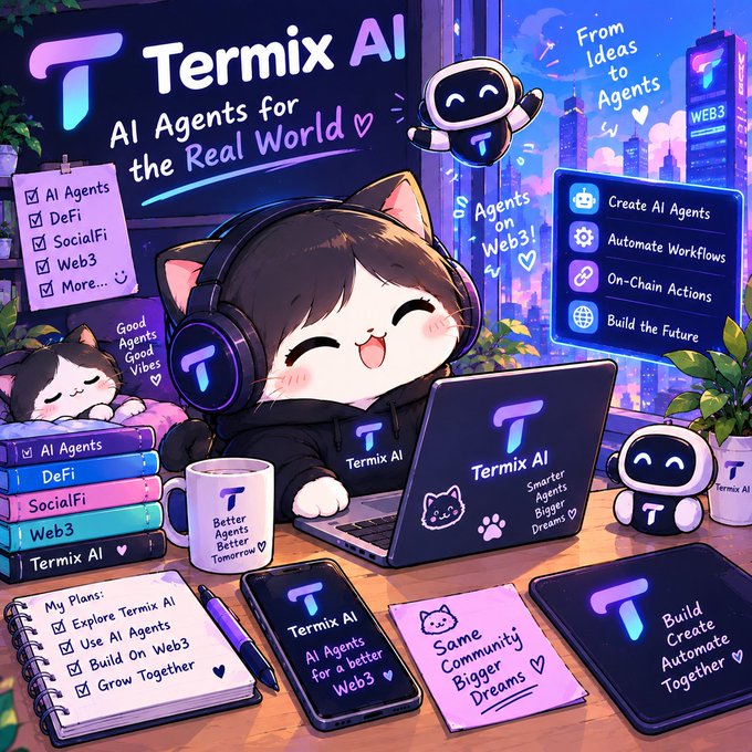 Colorful promotional illustration for 'Termix AI - AI Agents for the Real World' featuring a cute cat character wearing headphones working on a laptop, surrounded by branded merchandise and feature lists including DeFi, SocialFi, and Web3.