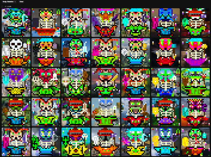 A digital display shows a grid of numerous colorful, pixel-art style character sprites, typical of a video game character selection screen or sprite sheet.