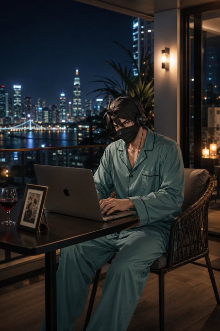 The image shows a man sitting at a table with his laptop open, wearing pajamas. The scene takes place outside of a building, possibly an office or a restaurant, with a city skyline visible in the background. There are also wine glasses on the table and chairs nearby, suggesting that this might be a social gathering or a relaxed outdoor setting for work or leisure activities.