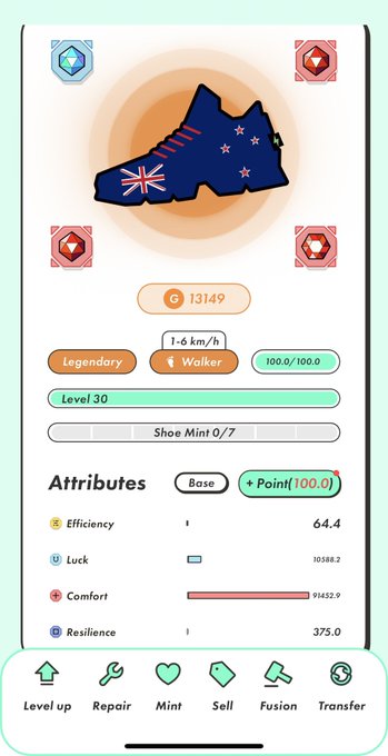 A STEP'N sneaker NFT detail screen showing a 'Legendary' Australian flag-themed Walker shoe at Level 30 with attributes like Efficiency 64.4, Comfort 91432.9, and Resilience 375.0.