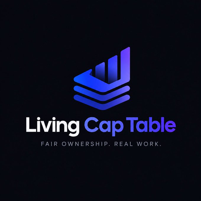 A logo for "Living Cap Table" featuring a blue and purple layered bar chart icon above the text "FAIR OWNERSHIP. REAL WORK." on a dark background.