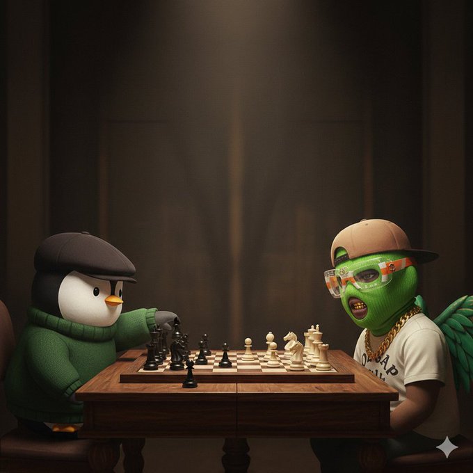 A whimsical digital illustration depicts a penguin in a flat cap and green sweater playing chess against a green parrot wearing sunglasses, a backwards cap, and a gold chain.