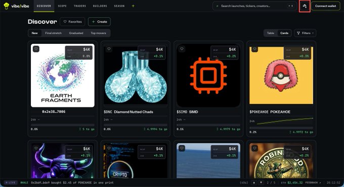 Screenshot of the Vibevibe 'Discover' NFT marketplace showing various token listings including 'Earth Fragments', '50NC Diamond Knotted Chads', '$STRO $IMD', and 'SPOKEAGE POKEAHOE' with their prices in ETH and percentage changes.