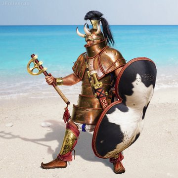 A heavily armored ancient warrior stands on a tropical beach wearing horned helmet, bronze armor, and wielding a mace alongside a large black and white shield.