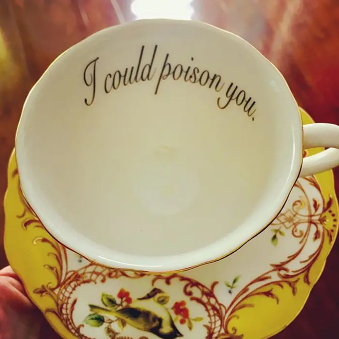 The bottom of a decorative teacup with gold and floral patterns bears the printed phrase 'I could poison you.'