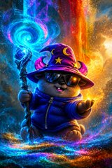 A colorful digital illustration of a small wizard character wearing a purple hat with stars, holding a glowing blue staff.