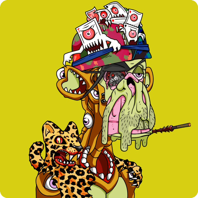 A vibrant cartoon illustration on a yellow background depicting a chaotic scene with a leopard/jaguar character, melting creatures, and various monster-like figures wearing a cap made of eyeball cards.