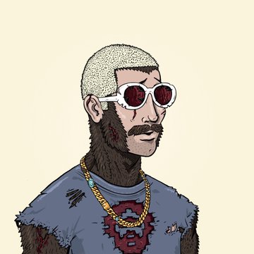 This image features a DeGod NFT character with shaggy, light-colored hair, a mustache, and white sunglasses with red lenses, adorned with a thick gold chain. The character's grey, ripped t-shirt has a large red "B" symbol on the chest, likely a reference to the "B" in "DeGods."