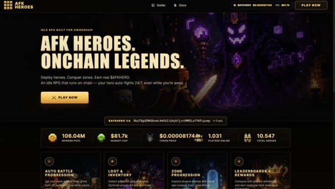 The image shows a landing page for "AFK Heroes," an idle RPG built for ownership, with the tagline "ONCHAIN LEGENDS" and a "PLAY NOW" button. Key statistics displayed include 106.04M rewards paid, $81.7K market cap, 1,031 platform online, and 10,547 total heroes, along with the SAFKHERO token contract. The page relates to the post by promoting the AFK Heroes project as a promising new addition to Solana's growing gaming ecosystem.