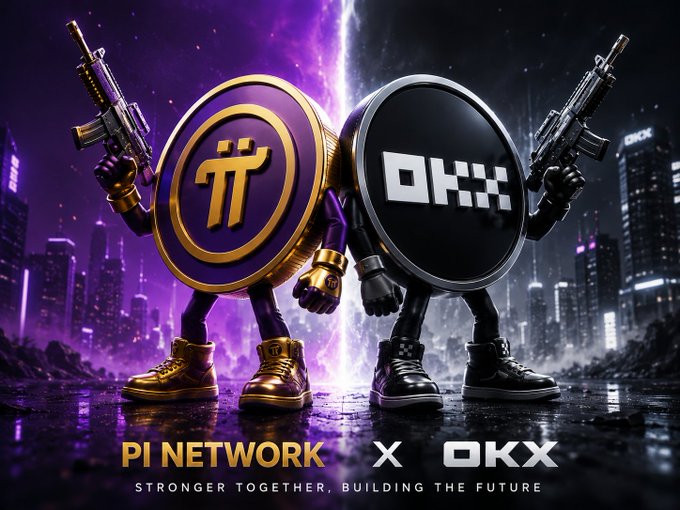 The image shows two anthropomorphized coins—one branded "PI NETWORK" (gold/purple) and the other "OKX" (black/white)—standing back-to-back with their arms around each other while holding pistols, with the tagline "STRONGER TOGETHER, BUILDING THE FUTURE." This visually represents the anticipated partnership between Pi Network and OKX, echoing the post's news about Pi's integration into the OKX Wallet ecosystem and a potential 1:1 swap mechanism as a milestone for the Pi ecosystem.