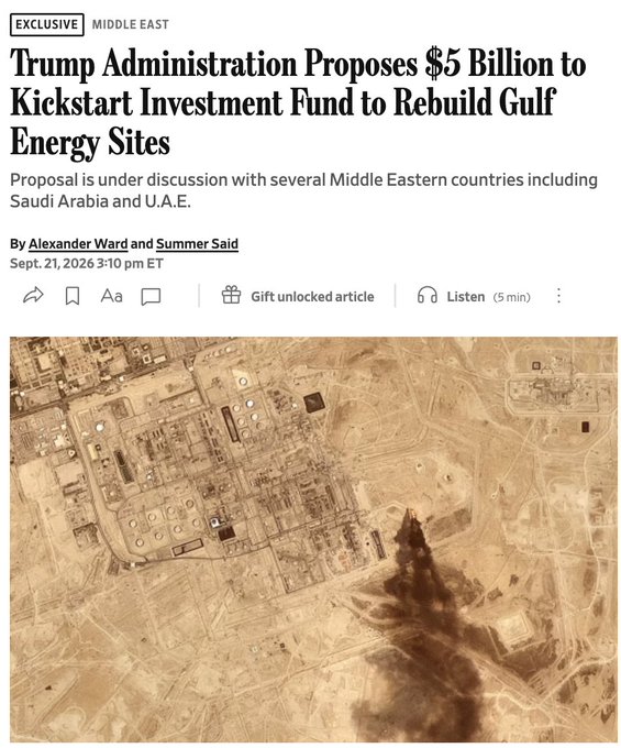 An exclusive Middle East news article headline reads 'Trump Administration Proposes $5 Billion to Kickstart Investment Fund to Rebuild Gulf Energy Sites,' by Alexander Ward and Summer Said, dated Sept. 21, 2026, accompanied by an aerial photo of an industrial site.