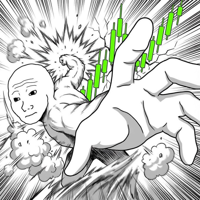 An illustration of a muscular man with his hand raised towards the sky as part of a drawing or comic strip. The background is filled with various elements, such as stock symbols and a chart, giving the impression that the illustration is related to finance or a market-related theme. In the caption provided, it seems like there's some reference to the stock market or an investment decision.
