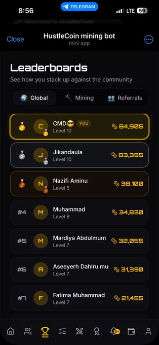 A screenshot of the 'HustleCoin mining bot' mini app on Telegram, showing a leaderboard with 'CMD' at Level 10 in first place with 84,905 coins.