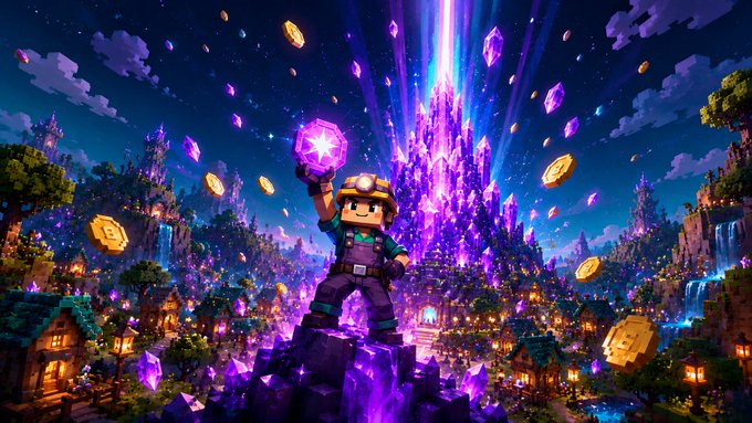 A miner triumphantly holds a glowing purple crystal atop a rocky peak, with a radiant crystal castle and floating coins in the background, perfectly capturing the moment the $CRYS token goes live on Solana mainnet and the gate to play.crystara.world opens.