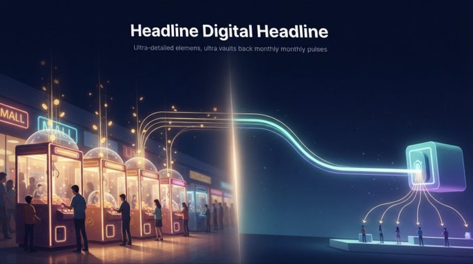 A digital illustration with the text 'Headline Digital Headline' showing arcade claw machines on the left connected by glowing lines to a digital cube on the right.