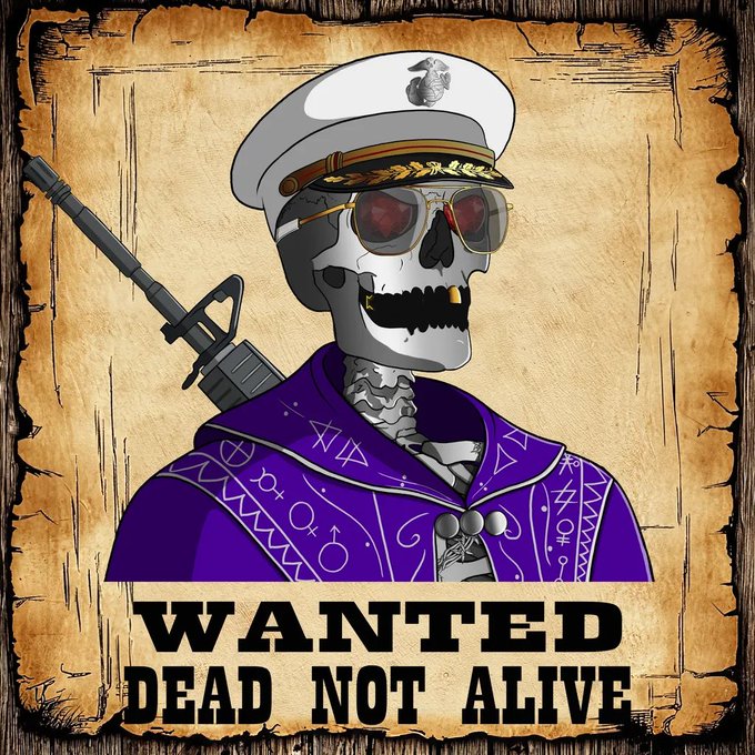 A 'WANTED DEAD NOT ALIVE' poster featuring an illustrated skeleton in a purple robe with runic symbols, wearing a military officer's cap, sunglasses, and a gold tooth, with a rifle slung over its shoulder.