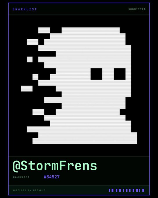 Pixel-art style black and white ghost/figure design on a dark "SNARKLIST #34527" submission card tagged @StormFrens, marked "SHIELDED BY DEFAULT."