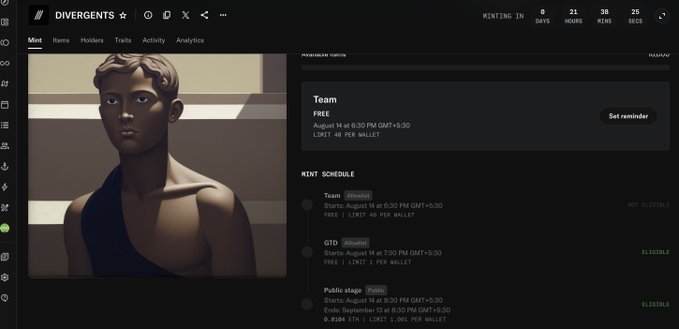 A screenshot of the Divergents NFT mint page showing a 3D rendered character bust, with the mint schedule listing Team (August 14), GTO (August 14), and Public stop (September 13) mints at 0.1 ETH each, 40 per wallet.
