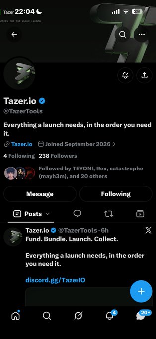 A mobile screenshot of a Twitter/X profile for 'Tazer.io' (@TazerTools) showing their bio 'Everything a launch needs, in the order you need it' with 238 followers.