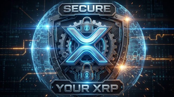 A digital graphic displays a metallic shield with a glowing blue 'X' logo, a padlock icon, and the text 'SECURE' at the top and 'YOUR XRP' at the bottom.