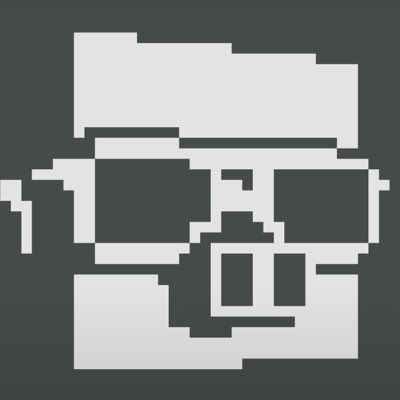 A minimalist pixel art design on a dark gray background showing a stacked geometric figure in light gray tones.