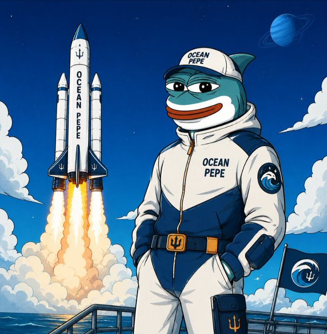 A cartoon Pepe the Frog mascot wearing a white and blue "OCEAN PEPE" spacesuit stands confidently in front of a launching "OCEAN PEPE" rocket, with a planet resembling Saturn visible in the sky above. The space-themed imagery ties into the post's announcement of the Ocean Pepe memecoin's upcoming launch on Solana, symbolizing the project's "liftoff" and cosmic ambitions.