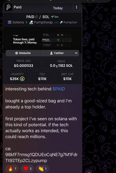 The image shows a mobile trading interface displaying the token $PAID on Solana via PumpSwap/Pump.fun, with a price of $0.0001133 USD, $26K liquidity, and a $111K market cap. A social post promotes the token, highlighting its tech potential and asking for SOL wallet addresses—aligning with the creator's request for $15 engagement and tips to share addresses.