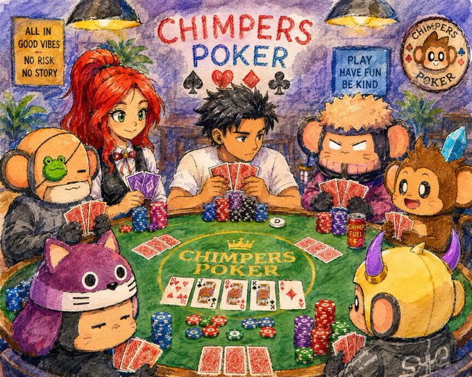A colorful illustrated scene titled 'CHIMPERS POKER' depicts anime-style characters and chimps playing poker around a green table, with signs reading 'ALL IN GOOD VIBES NO RISK NO STORY' and 'PLAY HAVE FUN BE KIND'.