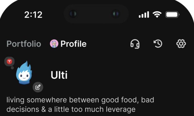 A screenshot of a mobile profile page on a dark-themed app showing the username "Ulti" with a blue flame avatar and bio reading "living somewhere between good food, bad decisions & a little too much leverage."