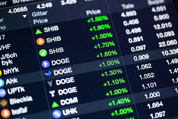 A close-up of a crypto price ticker screen showing positive price changes for SHIB (+1.50% to +1.90%), DOGE (+1.00% to +1.30%), DOMI (+1.40%), and UHK (+1.00%) in green text.