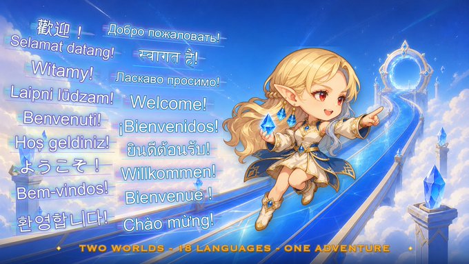 A fantasy-style graphic with an anime elf character pointing forward, surrounded by 'Welcome!' greetings in 18 different languages and the tagline 'TWO WORLDS · 18 LANGUAGES · ONE ADVENTURE'.