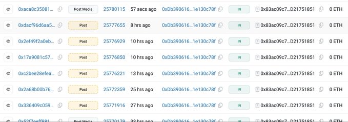 A screenshot of a blockchain transaction table shows multiple rows of wallet addresses (0xaca8c35081..., 0xdacf96d6aa5...) with timestamps ranging from 57 seconds to 27 hours ago, all interacting with address 0xDb390616...1e130c78 and showing 0 ETH amounts.
