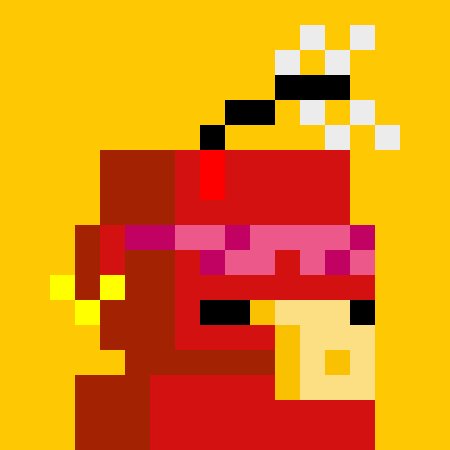 Pixel art image of a character wearing a red hooded cloak with a white skull-like face, set against a yellow background.