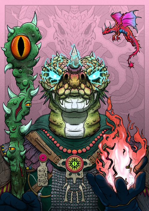 A fantasy illustration depicts a menacing reptilian humanoid figure with glowing blue eyes, wearing scaled armor and holding a flaming orb, accompanied by a tentacled staff and a small red dragon against a pink background with a demon motif.