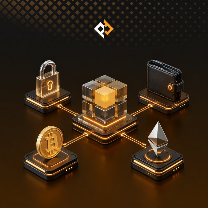 3D illustration depicting cryptocurrency assets including Bitcoin, Ethereum, a wallet, and a security lock connected by glowing lines, suggesting a crypto platform's ecosystem.